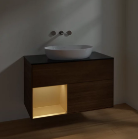 Тумба под раковину Villeroy & Boch Finion 100х50,1 см с подсветкой МДФ шпон грецкого ореха/стекло черное матовое FA12HFGN