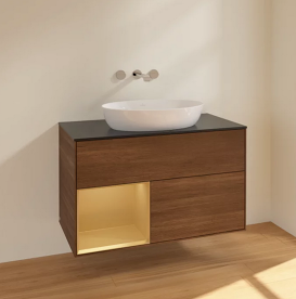 Тумба под раковину Villeroy & Boch Finion 100х50,1 см с подсветкой МДФ шпон грецкого ореха/стекло черное матовое FA12HFGN