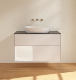 Тумба под раковину Villeroy & Boch Finion 100х50,1 см с подсветкой МДФ глянцевый белый лак/стекло черное матовое FA12MTGF