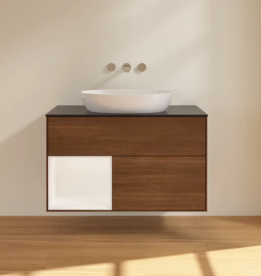 Тумба под раковину Villeroy & Boch Finion 100х50,1 см с подсветкой МДФ шпон грецкого ореха/стекло черное матовое FA12MTGN