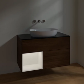 Тумба под раковину Villeroy & Boch Finion 100х50,1 см с подсветкой МДФ шпон грецкого ореха/стекло черное матовое FA12MTGN