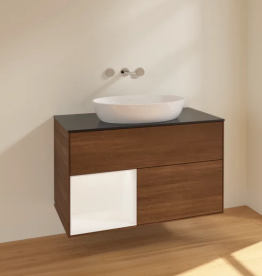 Тумба под раковину Villeroy & Boch Finion 100х50,1 см с подсветкой МДФ шпон грецкого ореха/стекло черное матовое FA12MTGN