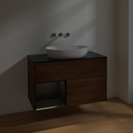 Тумба под раковину Villeroy & Boch Finion 100х50,1 см с подсветкой МДФ шпон грецкого ореха/стекло черное матовое FA12PDGN