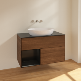 Тумба под раковину Villeroy & Boch Finion 100х50,1 см с подсветкой МДФ шпон грецкого ореха/стекло черное матовое FA12PDGN