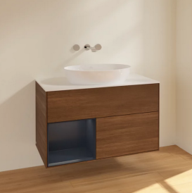 Тумба под раковину Villeroy & Boch Finion 100х50,1 см с подсветкой МДФ шпон грецкого ореха/стекло белое матовое FA11HGGN