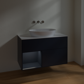 Тумба под раковину Villeroy & Boch Finion 100х50,1 см с подсветкой МДФ темно-синий матовый лак/стекло белое матовое FA11HGHG
