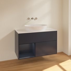 Тумба под раковину Villeroy & Boch Finion 100х50,1 см с подсветкой МДФ темно-синий матовый лак/стекло белое матовое FA11HGHG