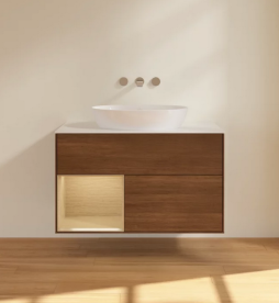 Тумба под раковину Villeroy & Boch Finion 100х50,1 см с подсветкой МДФ шпон грецкого ореха/стекло белое матовое FA11PCGN