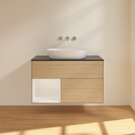 Тумба под раковину Villeroy & Boch Finion 100х50,1 см с подсветкой МДФ шпон дуба/стекло черное матовое FA12GFPC