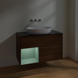 Тумба под раковину Villeroy & Boch Finion 100х50,1 см с подсветкой МДФ шпон грецкого ореха/стекло черное матовое FA12GMGN