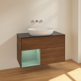 Тумба под раковину Villeroy & Boch Finion 100х50,1 см с подсветкой МДФ шпон грецкого ореха/стекло черное матовое FA12GMGN