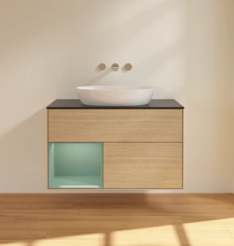 Тумба под раковину Villeroy & Boch Finion 100х50,1 см с подсветкой МДФ шпон дуба/стекло черное матовое FA12GMPC