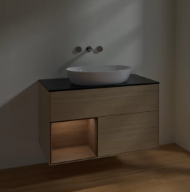 Тумба под раковину Villeroy & Boch Finion 100х50,1 см с подсветкой МДФ шпон дуба/стекло черное матовое FA12GNPC