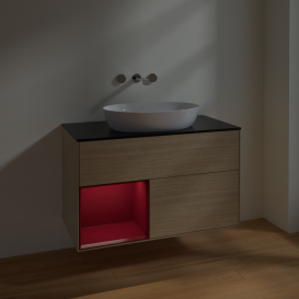 Тумба под раковину Villeroy & Boch Finion 100х50,1 см с подсветкой МДФ шпон дуба/стекло черное матовое FA12HBPC