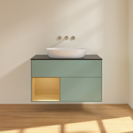 Тумба под раковину Villeroy & Boch Finion 100х50,1 см с подсветкой МДФ оливковый матовый лак/стекло черное матовое FA12HFGM