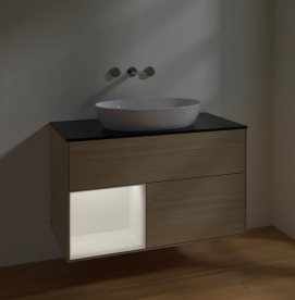 Тумба под раковину Villeroy & Boch Finion 100х50,1 см с подсветкой МДФ шпон дуба/стекло черное матовое FA12MTPC