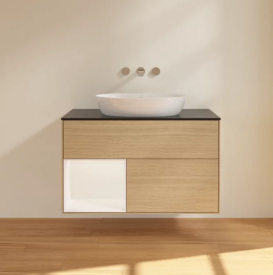 Тумба под раковину Villeroy & Boch Finion 100х50,1 см с подсветкой МДФ шпон дуба/стекло черное матовое FA12MTPC