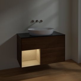 Тумба под раковину Villeroy & Boch Finion 100х50,1 см с подсветкой МДФ шпон грецкого ореха/стекло черное матовое FA12PCGN