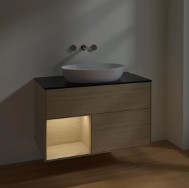 Тумба под раковину Villeroy & Boch Finion 100х50,1 см с подсветкой МДФ шпон дуба/стекло черное матовое FA12PCPC