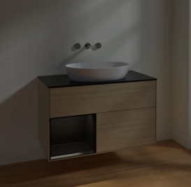 Тумба под раковину Villeroy & Boch Finion 100х50,1 см с подсветкой МДФ шпон дуба/стекло черное матовое FA12PDPC