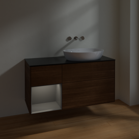 Тумба под раковину Villeroy & Boch Finion 120х50,1 см с подсветкой МДФ шпон грецкого ореха/стекло черное матовое FA42GKGN