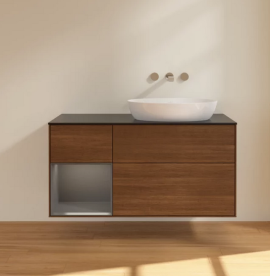 Тумба под раковину Villeroy & Boch Finion 120х50,1 см с подсветкой МДФ шпон грецкого ореха/стекло черное матовое FA42GKGN