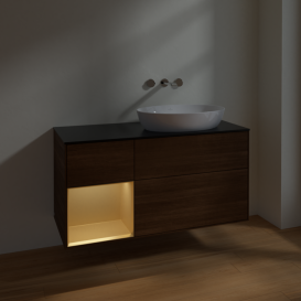 Тумба под раковину Villeroy & Boch Finion 120х50,1 см с подсветкой МДФ шпон грецкого ореха/стекло черное матовое FA42HFGN