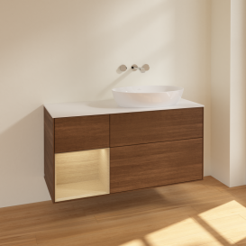 Тумба под раковину Villeroy & Boch Finion 120х50,1 см с подсветкой МДФ шпон грецкого ореха/стекло белое матовое FA41PCGN