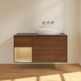 Тумба под раковину Villeroy & Boch Finion 120х50,1 см с подсветкой МДФ шпон грецкого ореха/стекло черное матовое FA42PCGN