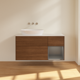 Тумба под раковину Villeroy & Boch Finion 120х50,1 см с подсветкой МДФ шпон грецкого ореха/стекло белое матовое FA51GKGN