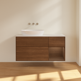 Тумба под раковину Villeroy & Boch Finion 120х50,1 см с подсветкой МДФ шпон грецкого ореха/стекло белое матовое FA51GNGN