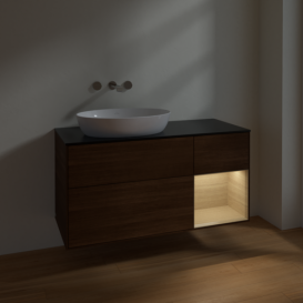 Тумба под раковину Villeroy & Boch Finion 120х50,1 см с подсветкой МДФ шпон грецкого ореха/стекло черное матовое FA52PCGN