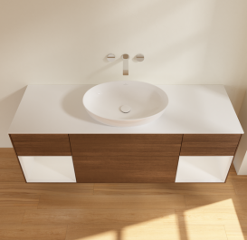 Тумба под раковину Villeroy & Boch Finion 160х50,1 см с подсветкой МДФ шпон грецкого ореха/стекло белое матовое FD01GFGN