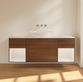 Тумба под раковину Villeroy & Boch Finion 160х50,1 см с подсветкой МДФ шпон грецкого ореха/стекло белое матовое FD01GFGN