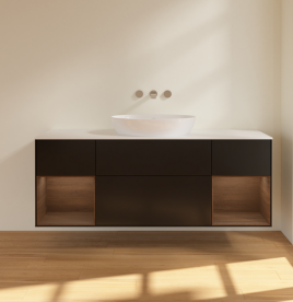 Тумба под раковину Villeroy & Boch Finion 160х50,1 см с подсветкой МДФ черный матовый лак/стекло белое матовое FD01GNPD