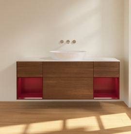 Тумба под раковину Villeroy & Boch Finion 160х50,1 см с подсветкой МДФ шпон грецкого ореха/стекло белое матовое FD01HBGN