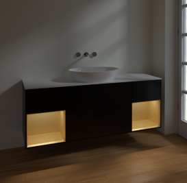 Тумба под раковину Villeroy & Boch Finion 160х50,1 см с подсветкой МДФ черный матовый лак/стекло белое матовое FD01HFPD