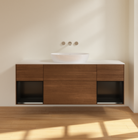 Тумба под раковину Villeroy & Boch Finion 160х50,1 см с подсветкой МДФ шпон грецкого ореха/стекло белое матовое FD01PDGN