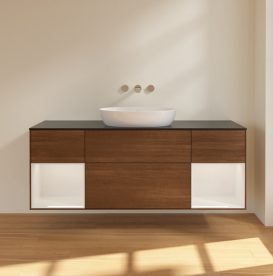 Тумба под раковину Villeroy & Boch Finion 160х50,1 см с подсветкой МДФ шпон грецкого ореха/стекло черное матовое FD02GFGN