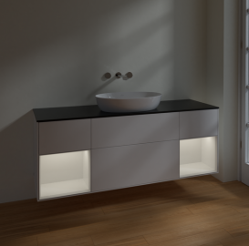 Тумба под раковину Villeroy & Boch Finion 160х50,1 см с подсветкой МДФ белый матовый лак/стекло черное матовое FD02GFMT