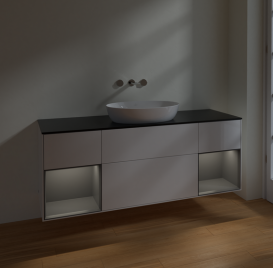 Тумба под раковину Villeroy & Boch Finion 160х50,1 см с подсветкой МДФ глянцевый белый лак/стекло черное матовое FD02GKGF