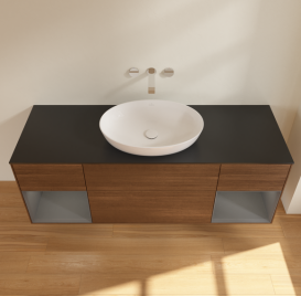 Тумба под раковину Villeroy & Boch Finion 160х50,1 см с подсветкой МДФ шпон грецкого ореха/стекло черное матовое FD02GKGN