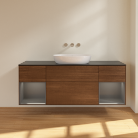 Тумба под раковину Villeroy & Boch Finion 160х50,1 см с подсветкой МДФ шпон грецкого ореха/стекло черное матовое FD02GKGN