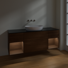 Тумба под раковину Villeroy & Boch Finion 160х50,1 см с подсветкой МДФ шпон грецкого ореха/стекло черное матовое FD02GNGN