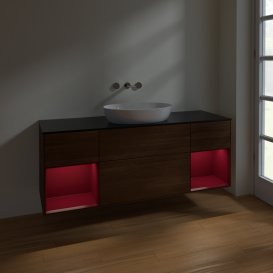 Тумба под раковину Villeroy & Boch Finion 160х50,1 см с подсветкой МДФ шпон грецкого ореха/стекло черное матовое FD02HBGN