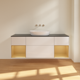 Тумба под раковину Villeroy & Boch Finion 160х50,1 см с подсветкой МДФ глянцевый белый лак/стекло черное матовое FD02HFGF