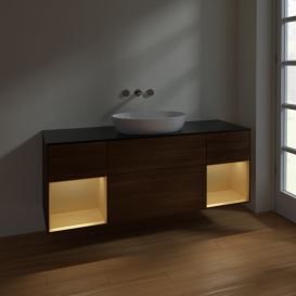 Тумба под раковину Villeroy & Boch Finion 160х50,1 см с подсветкой МДФ шпон грецкого ореха/стекло черное матовое FD02HFGN