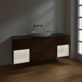 Тумба под раковину Villeroy & Boch Finion 160х50,1 см с подсветкой МДФ шпон грецкого ореха/стекло черное матовое FD02MTGN