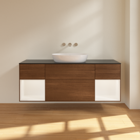 Тумба под раковину Villeroy & Boch Finion 160х50,1 см с подсветкой МДФ шпон грецкого ореха/стекло черное матовое FD02MTGN