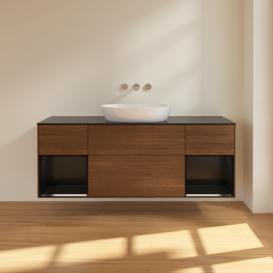 Тумба под раковину Villeroy & Boch Finion 160х50,1 см с подсветкой МДФ шпон грецкого ореха/стекло черное матовое FD02PDGN